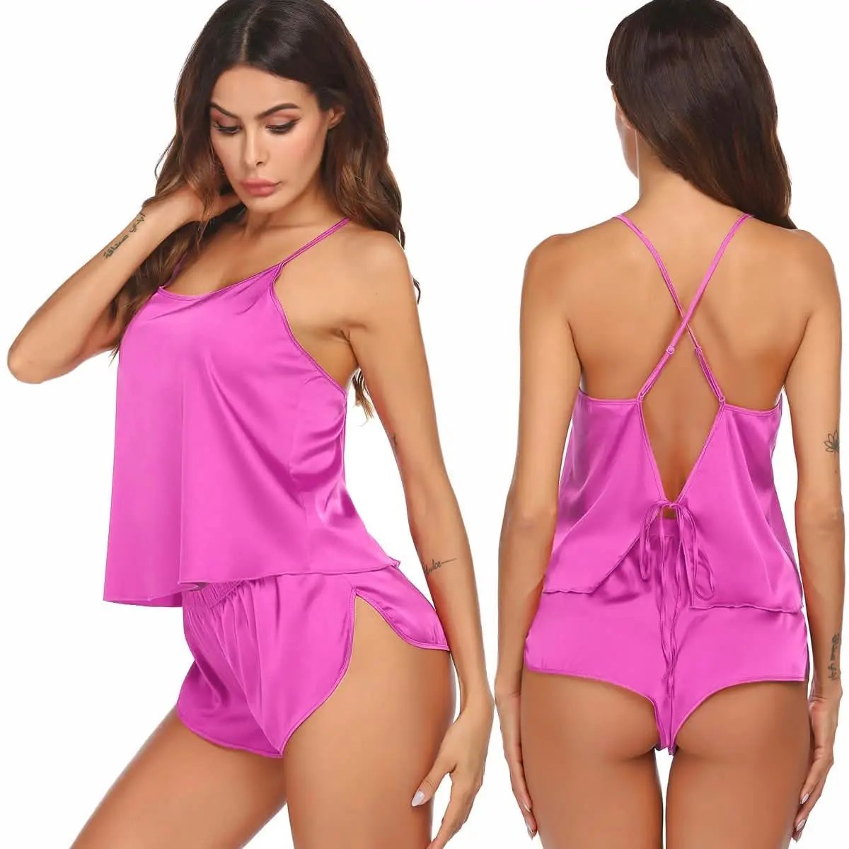 Silk Pajamas Set for Women Satin Backless Lingerie Pjs Cami Top and Shorts Nightwear - Love Salve